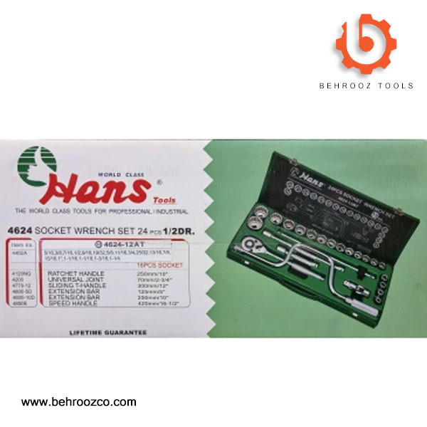 جعبه بکس 24 پارچه 12 پر درایو ½ هنس HANS مدل 4624-12AT - ابزار تکتاز